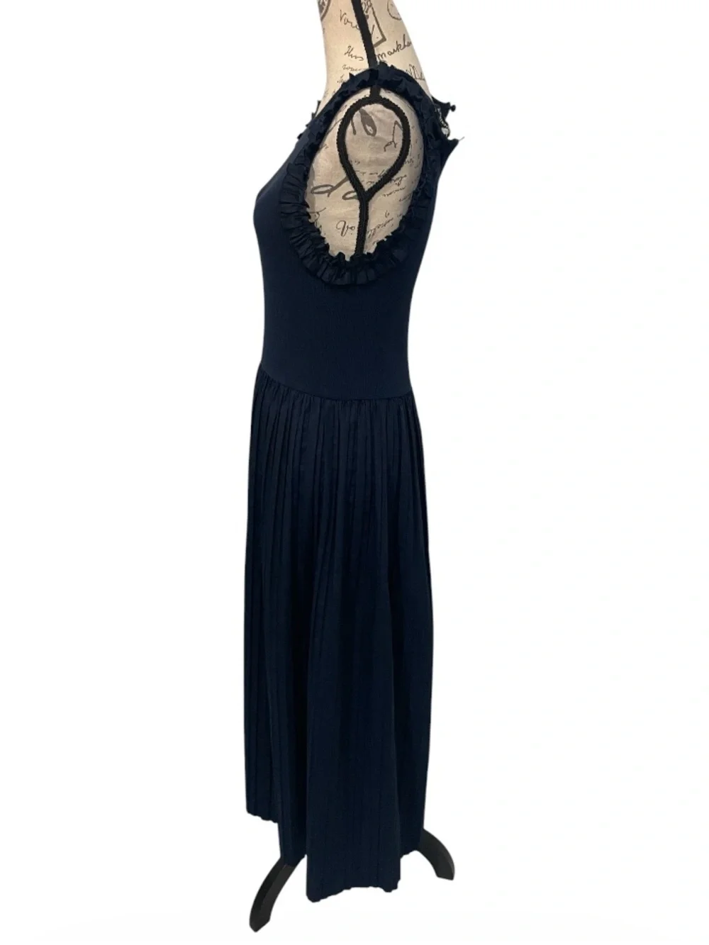 Ellen Tracy Navy Pleated Midi Dress Ruffle Sleeve Size M - Picture 5 of 6
